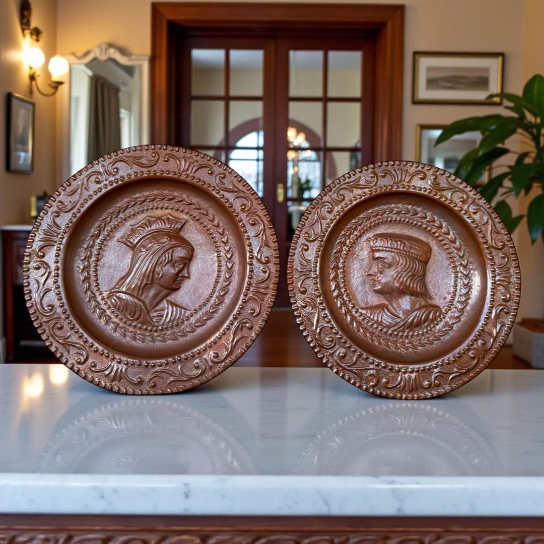 Pair of Large Vintage Copper Wall Plates, Repoussé King & Queen ...