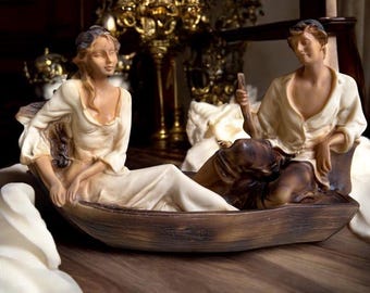 Italian Alabaster Couple In Boat Sculpture, Romantic Figurine, Vintage Mantel Decor, Mediterranean Style