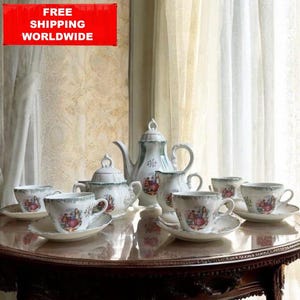 Vintage Yamato Japan Tea Set – 15-Piece Fine Porcelain with Romantic Rococo Scene, Hand-Painted Gold, Made in Japan