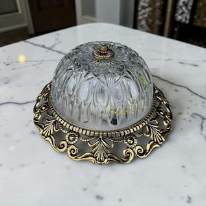 Lámpara de techo empotrada de cristal vintage, cúpula de cristal tallado, accesorio de latón ornamentado, acento barroco para pasillo, 9,6"