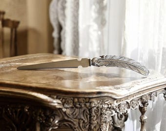 Vintage Feather Letter Opener: Silver Metal Quill Blade, Elegant Desk Accessory