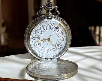 Mini Vintage Pocket Watch Desk Clock, Silver Tone, Roman Numerals, Steampunk Baroque Desk Decor