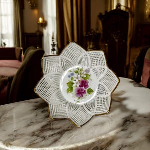 Cuenco vintage de porcelana Iris Cluj-Napoca: plato calado en forma de flor con centro floral y borde dorado.