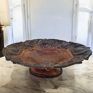 Vintage Cast Iron Pedestal Compote Bowl, Ornate Fruit Bowl, Antique Style Centerpiece Dish, Dark Patina Decor, Mid Century, 1950s