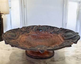 Vintage Cast Iron Pedestal Compote Bowl, Ornate Fruit Bowl, Antique Style Centerpiece Dish, Dark Patina Decor, Mid Century, 1950s