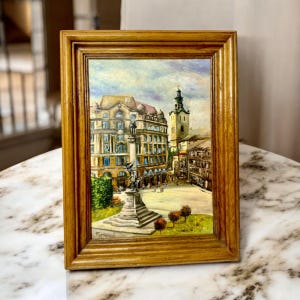 Vintage Oil Painting, European City Square, Tower & Monument, Framed Urban Landscape, Old Town Plaza Scene Wall Art