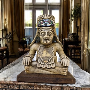 Aztec Style Statue, Pre-Columbian Inspired Figurine, Composite Stone, Wood Base, Hand-Painted, 1970s Tribal Art Decor