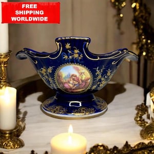 Bordonia Japan Style Vase, Vintage Gilded Porcelain, Blue Gold Romantic Decor, A.T.C. Collectible
