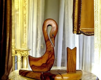 Hand-Carved Wooden Swan Pen Holder, Vintage Desk Organizer, Rustic Carved Wood, Mid-Century Accent, Cottagecore Office Decor