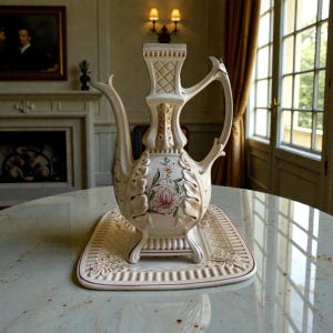 1960s Portuguese Ceramic Pitcher Set, Hand Painted Floral Carafe With Base, Baroque Ornate Jug, Vintage Table Decor, Anfora Portugal