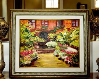 Signed M. Gomez Oil Painting, Floral Garden Landscape, Gilt Frame, Vintage Wall Art, Colorful Impressionist Decor 55x47cm