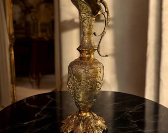 Solid Bronze Ewer Vase, Ornate Baroque Pitcher, Vintage Rococo Urn with Faces, 1950 French Style Gilded Centerpiece, Antique Look Home Decor