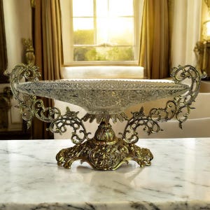 May include: An ornate, antique-style centerpiece bowl. The clear glass bowl has a detailed, cut-glass pattern. It is supported by a gold-colored, decorative metal base with scrolled accents. The bowl is displayed on a marble surface.