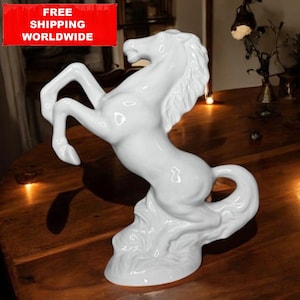 White Ceramic Horse Figurine | Rearing Horse Statue | Vintage Home Decor | Elegant Porcelain Horse Sculpture | Equestrian Gift Idea