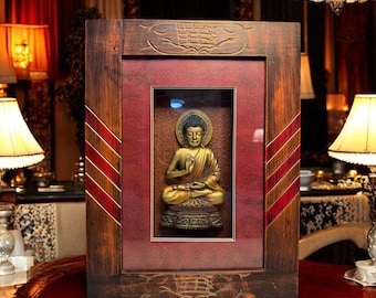 Framed Buddha Wall Art – 3D Golden Relief – Carved Wood Frame – Zen Spiritual Decor