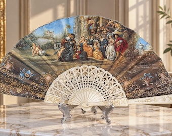 Baroque Garden of Love Folding Fan, Vintage Spanish Abanico with Cream Openwork Sticks, 2000s
