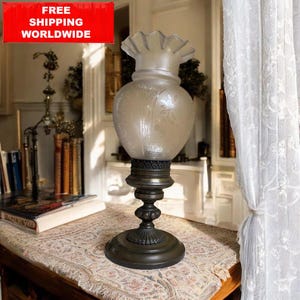 Vintage Victorian Style Table Lamp | 40 cm Metal Base & Frosted Glass Shade | Antique Decorative Lighting | Floral Engraved Glass Lamp