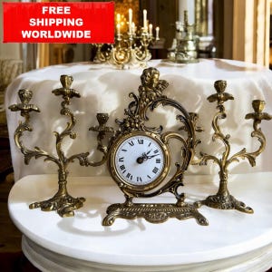 Vintage Baroque Clock & Candelabras Set – Ornate Rococo Style in Gilded Metal – French Revival Mantel Decor – Clock 29.5x19 cm | Candelabras
