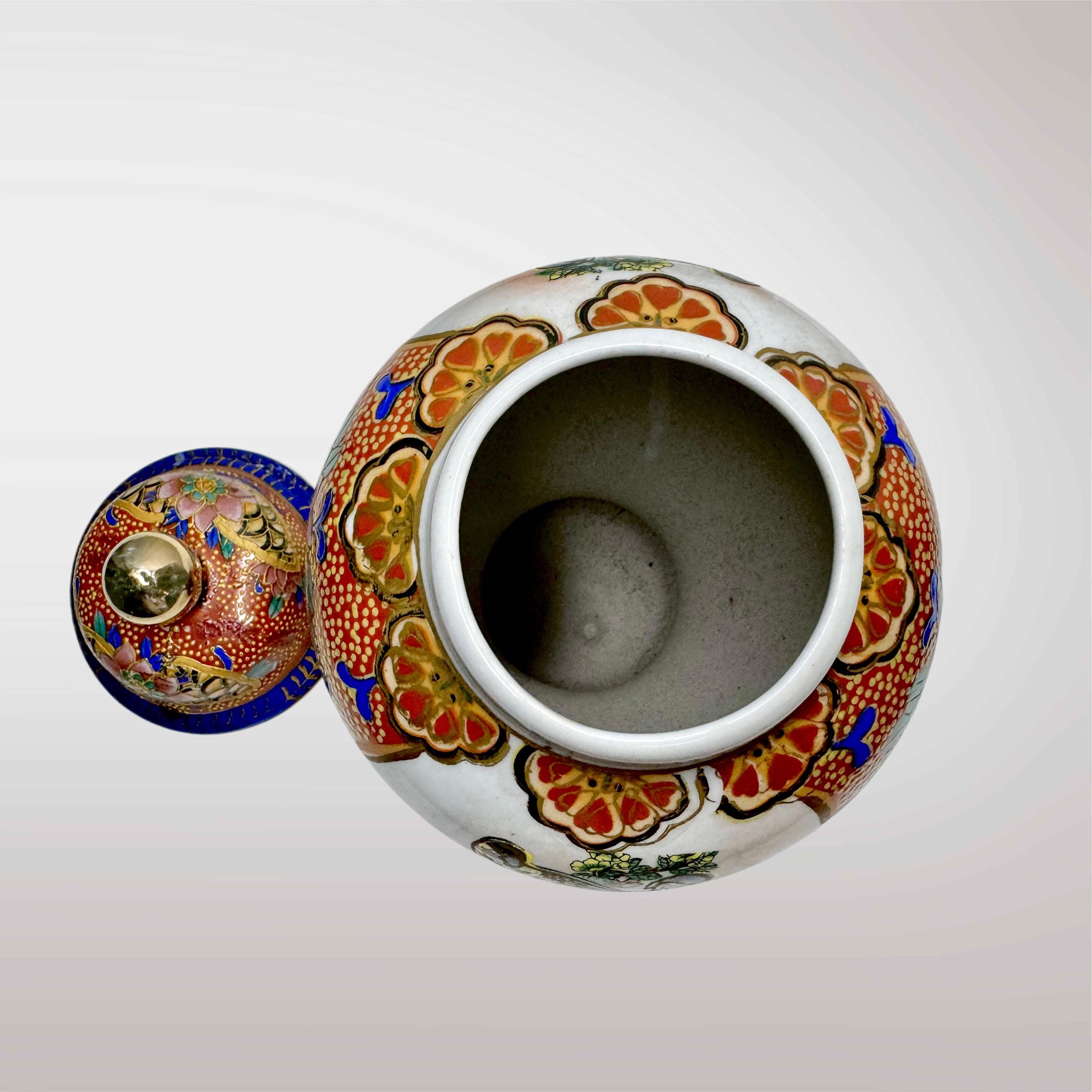 ヴィンテージの蓋付き磁器瓶 - 東洋の花と鳥のデザイン - カラフルな