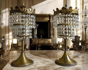 Baroque Brass Crystal Table Lamps: Crown Style Prisms, 39cm