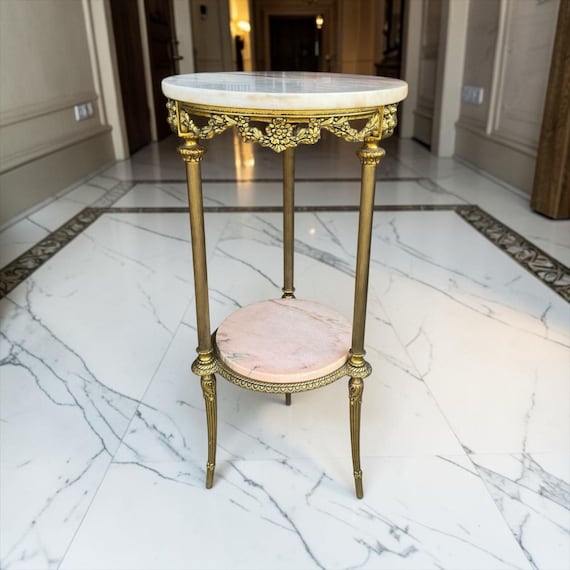 Vintage Marble Top Side Table, Gilt Bronze Gueridon, Louis XVI Pedestal Accent Table