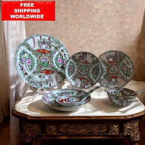 Vintage Rose Medallion Chinese Porcelain Set – 1 Bowl, 2 Spoons, 4 Plates – Hand Painted Famille Rose