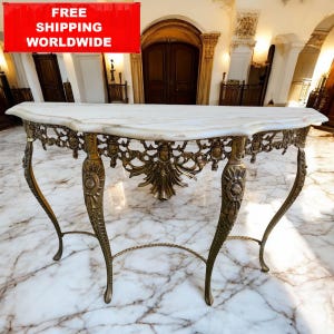 Vintage Baroque Console Table – Ornate Brass Frame & White Marble Top 108x74 cm / 42.5x29.1 in