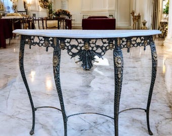 Bronze Console Table And Wall Mirror Set, Marble Top Entryway Furniture, Ornate Vintage Baroque Rococo Decor