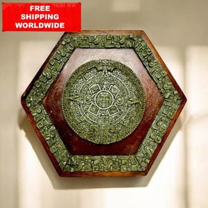 Vintage Aztec Calendar Wall Plaque – Hexagonal Wood Frame – Mesoamerican Sun Stone Art