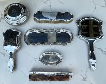 Vintage Silver Plated Alpaca Vanity Set, Ornate Mirror Brush Comb Tray Jar, 1960