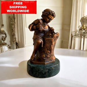 Vintage Bronze Sculpture – Boy Carving Wood on Marble Base 17x9 cm