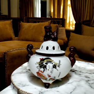 Vintage Japanese Geisha Incense Burner: White & Maroon Porcelain Asian Decor