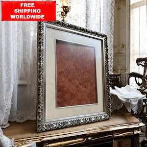 Vintage Ornate Wood Picture Frame – 38x32 cm / 15 x 12,5 in Rococo Style Silver Frame – Tabletop or Wall Display