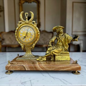 Vintage Bronze Velazquez Figure Mantel Clock, Marble Roman Numeral Table Clock, 16.1"