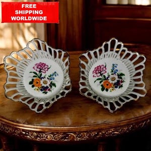 Pair of Vintage Romanian Porcelain Bowls | IRIS Cluj Lace-Edge Dishes | Hand-Painted Floral Center | Openwork Decorative Bowls