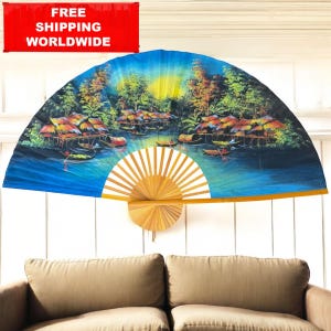 Vintage Large Wall Fan – Hand Painted Fabric Bamboo Folding Fan Oriental Asian Landscape Decor 153x89 cm