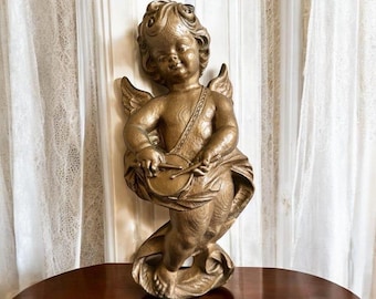 Ceramiczna figurka anioła, złoty barokowy cherubin z bębnem, wykończenie w brązie, dekoracja kominka w stylu vintage