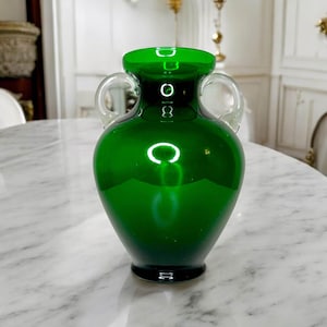 Vintage Green Glass Amphora Vase: Handblown Art Glass Decor image 1