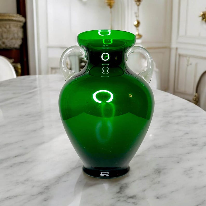 Vintage Green Glass Amphora Vase: Handblown Art Glass Decor image 1