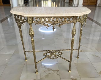 Vintage Brass Console Table, White Marble Top, Ornate Louis XV Filigree, Hollywood Regency Entryway Console, Spanish, 1950