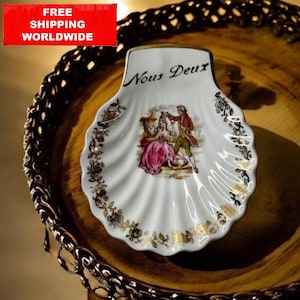 Limoges Frankreich Muschelförmige Trinket Schale - “Nous Deux” Romantische Porzellan Teller - Goldrand Rokoko-Stil