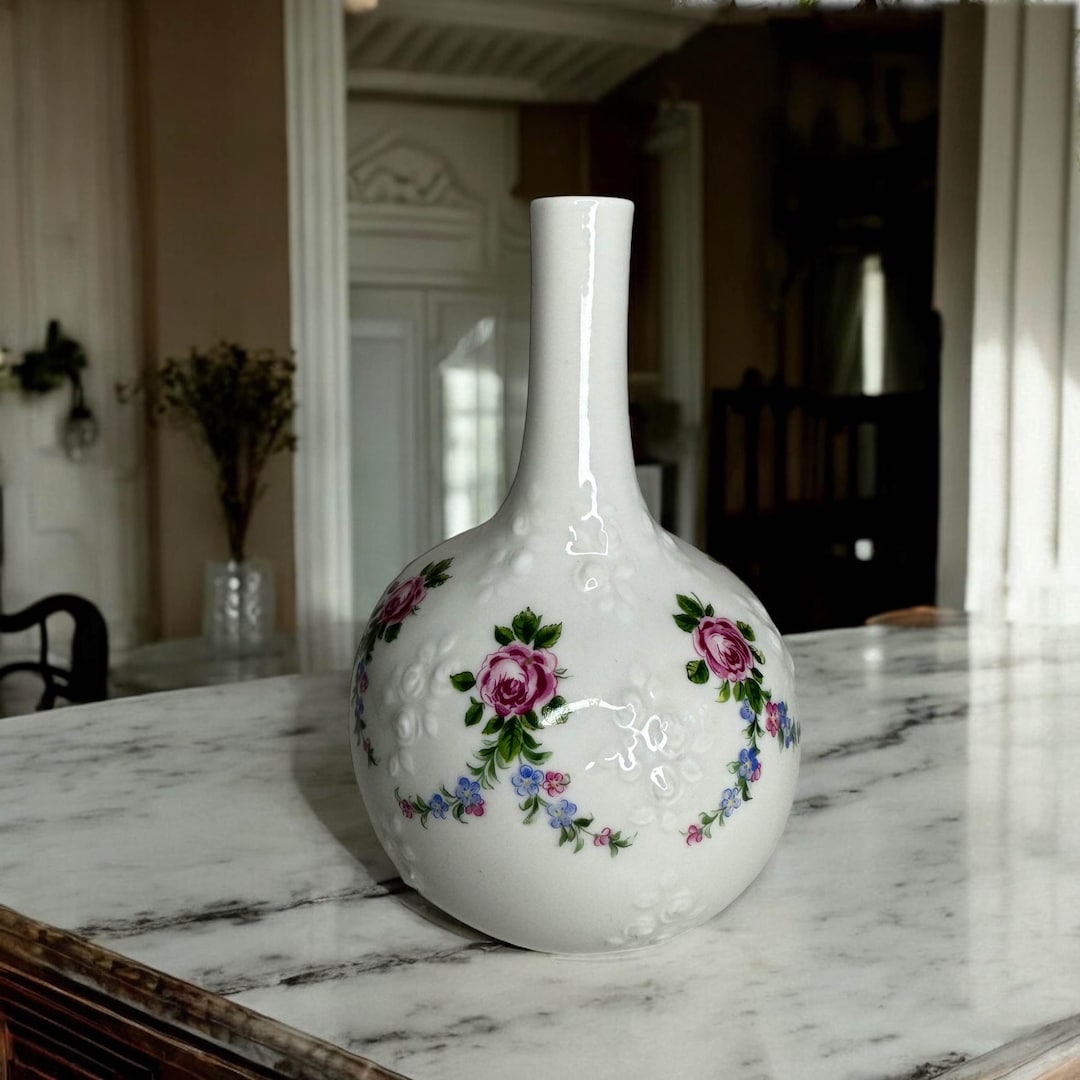Wallendorf 1764 Porcelain Vase – Hand Painted Roses & Embossed Flowers ...
