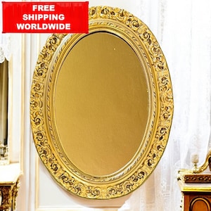 Oval Vintage Baroque Wall Mirror – Ornate Gold Frame with Rococo Scrolls – French Antique Style – 56x42 cm | 22x16.5 inch