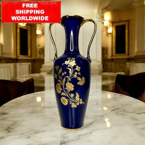 Jarrón azul cobalto KPM Bavaria: ánfora vintage de porcelana alemana con diseño floral dorado