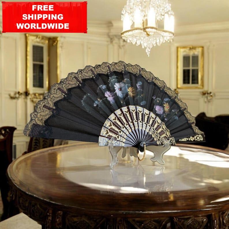 Black Decorative Hand Fan 45x24 Cm Vintage Floral Fan With Gold Lace