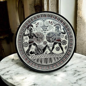 Authentic Greek Ceramic Plate, Hand-Painted, Black & Gold, Greek Key Meander, Mythology, Wall Art, Vintage Greece Souvenir