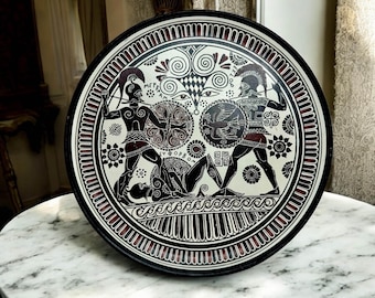 Authentic Greek Ceramic Plate, Hand-Painted, Black & Gold, Greek Key Meander, Mythology, Wall Art, Vintage Greece Souvenir