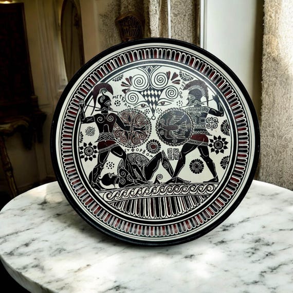 本物のギリシャ陶器プレート、手描き、黒と金、ギリシャの鍵模様、神話 