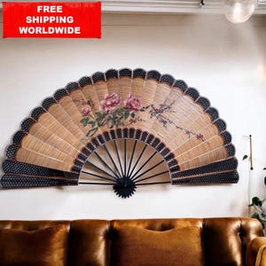 Large Asian Wall Fan | 178x98 cm Bamboo & Silk Hand-Painted Decorative Fan | Oriental Japanese Style Wall Art | Boho Zen Home Decor