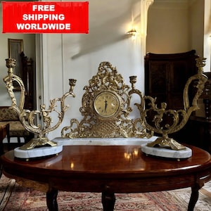 Vintage Baroque Clock + Candelabra Set – Gilded Brass & Marble Mantel Decor 44x10x37 cm / 17.3x3.9x14.5 inch